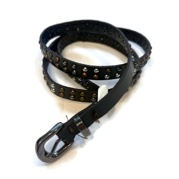 Multi-tone Studded Brown Thin Leather Belt Silvertone Hardwear Size Small Indie - Picture 1 of 6